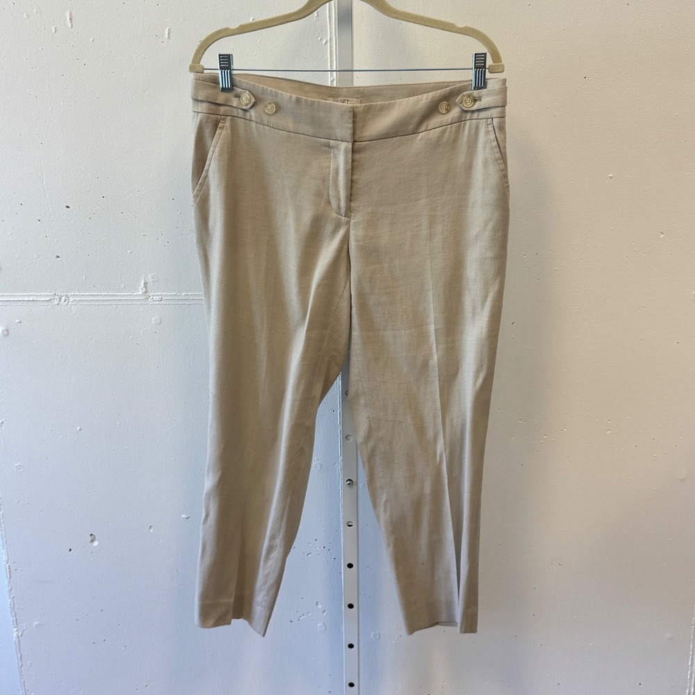 Loft Petite Beige Linen Blend Crop Trousers Pants Button Waist Khaki Pants 6P